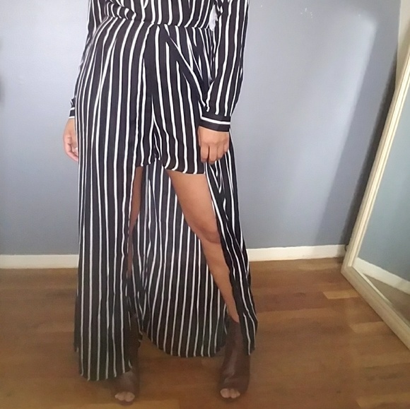 LAST//BLACK WHITE STRIPED MAXI ROMPER DRESS - Picture 5 of 8